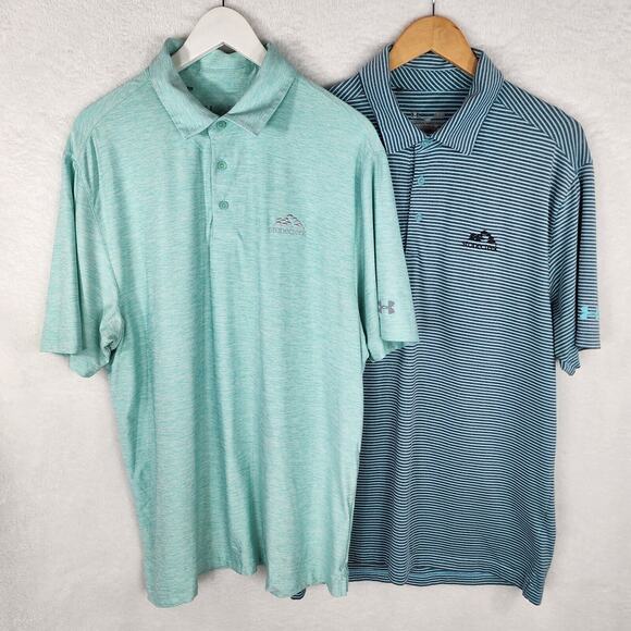 2 Under Armour Golf Polo Shirts Men L Loose Fit Heatgear Stonecreek Logo Green - Picture 1 of 12